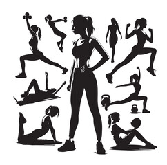 People Engaged In Fitness silhouettes vector illustration 