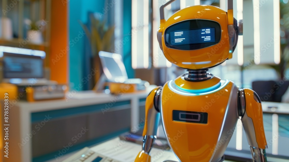 Poster bright orange robot with a digital face standing in a modern office setting, showcasing advanced tec
