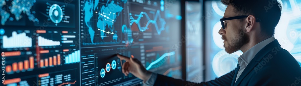 Poster business professional analyzing digital data on a futuristic touch screen display, focusing on trend