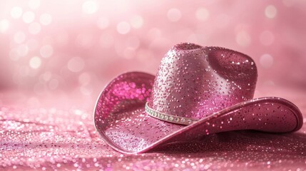 Pink glitter cowgirl hat with rhinestone trim resting on sparkling pink background with shallow depth of field and bokeh