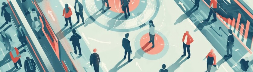 Aerial view of people practicing social distancing in a public place, marked with red circles indicating safe zones.