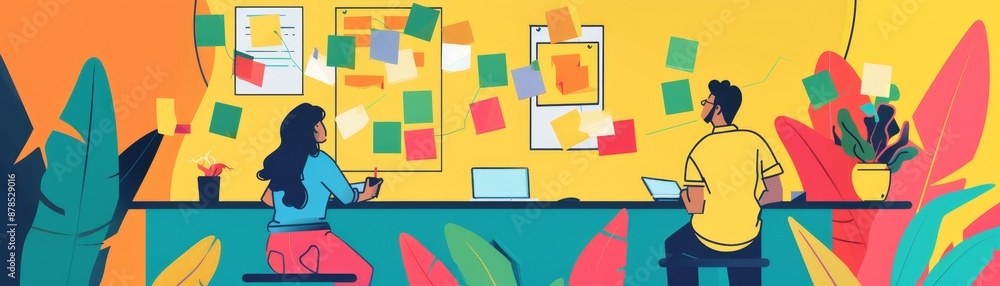Poster creative workspace with two people brainstorming on laptops, surrounded by colorful sticky notes and