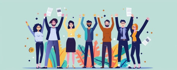 Diverse group of happy business people celebrating success with raised arms, documents in hand, and smiles on their faces.