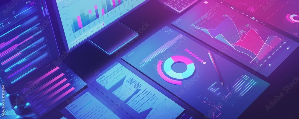 Poster futuristic data analysis setup with interactive charts and graphs on multiple screens, featuring vib