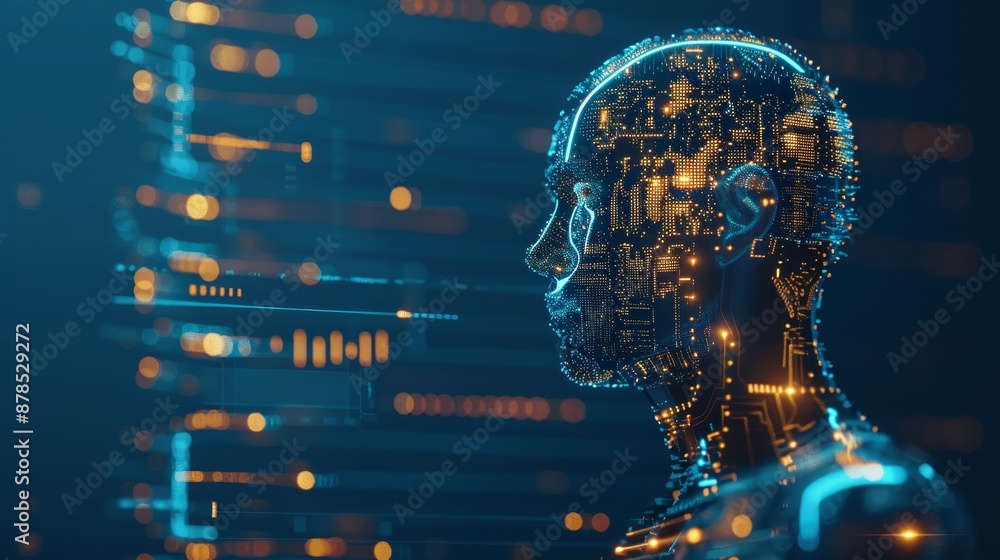 Poster futuristic digital representation of a human head with intricate circuitry and glowing lines, symbol