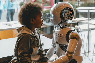 Young black child interacting with a futuristic robot. Generative AI image
