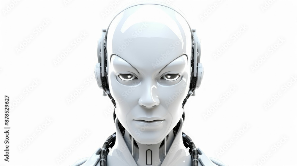 Poster smart android head close up with humanoid features. futuristic robot face concept with white sleek d