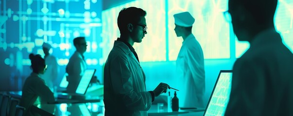 Scientists working in a modern research laboratory with advanced technology. Teamwork and innovation in a futuristic scientific environment.