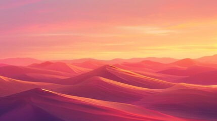 Obraz premium Desert at sunset with vibrant orange and pink sky, silhouettes of distant sand dunes, peaceful and calming atmosphere, natures beauty, expansive view, copy space