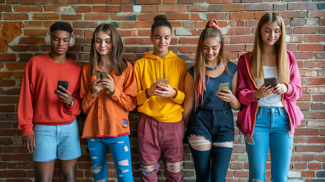Diverse group of high school friends all using their smart phones and on social media, copy space
