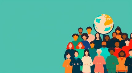 Fototapeta premium Diverse group holding globe, unity concept, copy space for text, focus cover all object, flat design illustration
