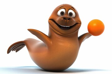 A smiling cartoon seal balancing a ball, 2D animation, white background