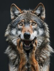 Obraz premium A very surprised and shocked wolf with its mouth open and paws touching its head. Funny inspired animal