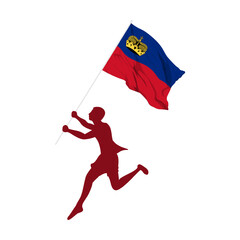 Vector illustration of man running and holding Liechtenstein flag in hands on transparent background