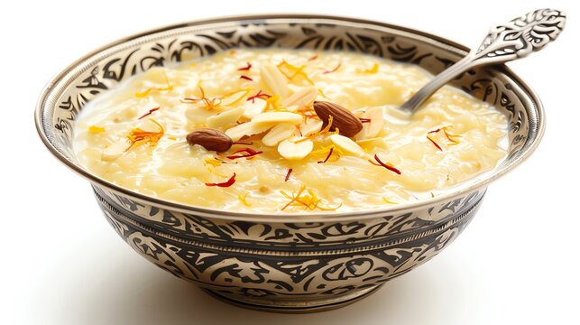 Bowl of chilled kheer with a silver spoon, decorated with saffron and almonds, refreshing and indulgent, isolated on white background, copy space