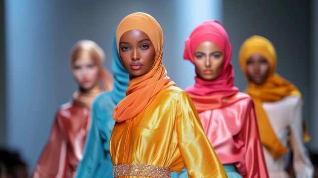 Muslim model in yellow abaya and flowing orange hijab walks runway