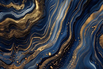 Marble and alcohol ink abstract piece in cobalt blue and metallic gold with a dusting of silver particles for a striking contrast