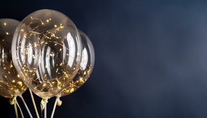 transparent balloons with twinkling lights inside on a dark blue background, copy space for text 