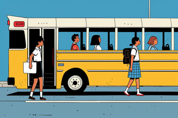 Students Walking Past School Bus After Class. Generative AI