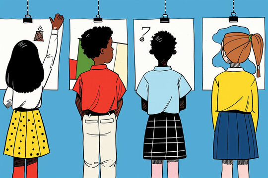 Four Students View Classroom Artwork. Generative AI
