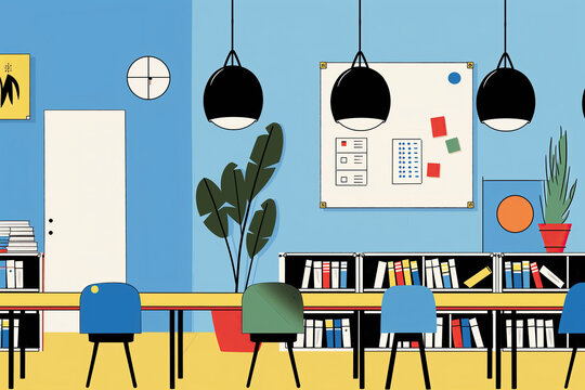 Colorful Classroom Interior With Bookshelves and Hanging Lights. Generative AI