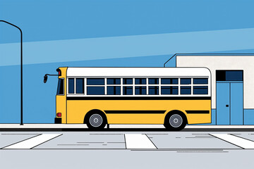 Yellow School Bus Parked Near Building on Sunny Day. Generative AI