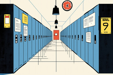 School Hallway With Rows of Blue Lockers and a Red Door. Generative AI