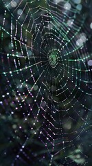Naklejka premium Spider web glistening with morning dew, creating a beautiful spectacle of nature with its intricate design and sparkling droplets
