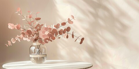 Dried Flower Arrangement in Glass Vase on White Table.