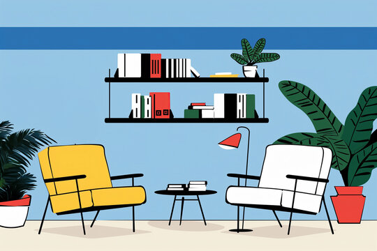 Modern Classroom Illustration With Two Chairs and Bookshelves. Generative AI