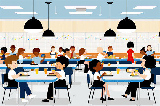 Students Enjoy Lunch in a Colorful School Cafeteria. Generative AI