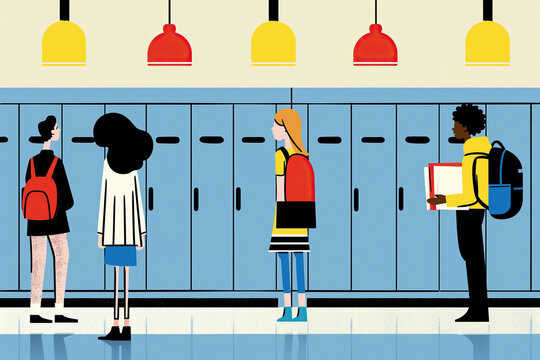 Students Standing By Lockers In School Hallway. Generative AI