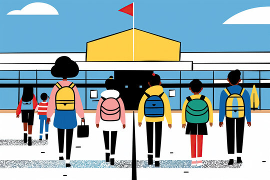 Students Walking Into School Building on First Day of School. Generative AI