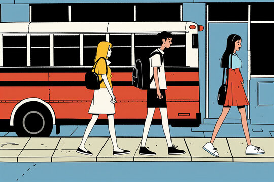 Three Students Walking Past A School Bus. Generative AI