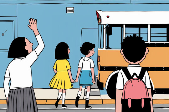 School Bus Drop-Off Illustration With Students. Generative AI