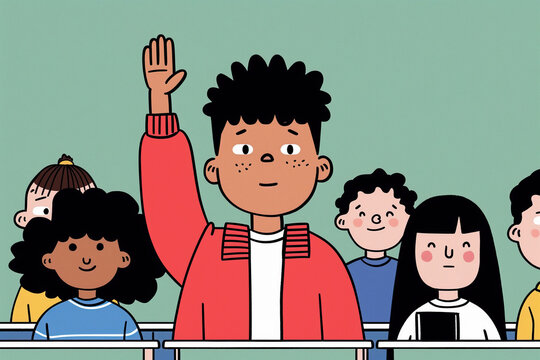 A Boy Raises His Hand in a Classroom Setting. Generative AI