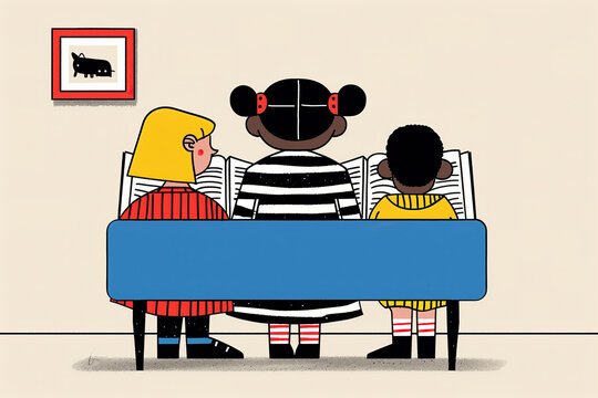 Three Students Sit at Desks Reading Books in a Classroom. Generative AI