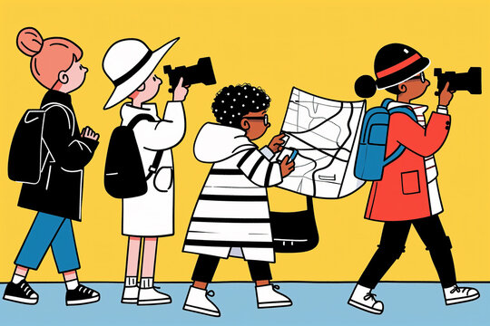 Students Walking With Backpacks and Cameras. Generative AI