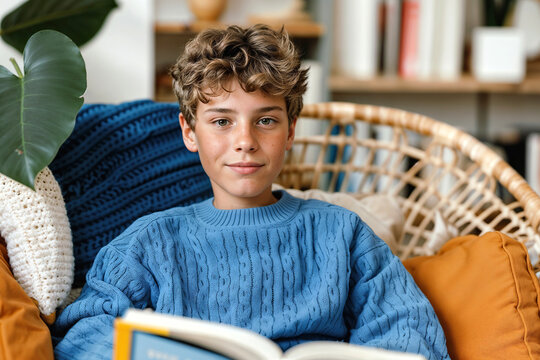 Young Boy Reads Book in Wicker Chair in Home Classroom. Generative AI