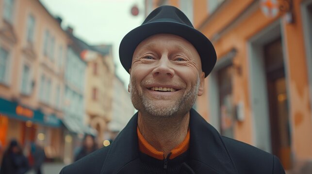 Close up of smiling man in black suit and bowler hat with orange collarette on blurred background
