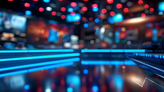 A futuristic newsroom with blue lights and out-of-focus activity in the background