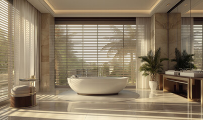 A large bathroom with a white freestanding bathtub, a wooden vanity table and a round bench in front of the tub