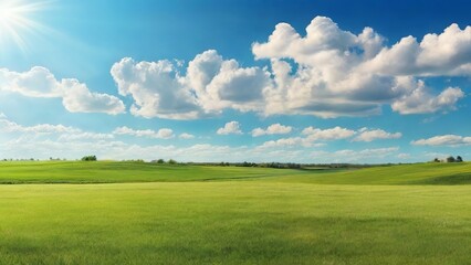 Fototapeta premium Beautiful Panoramic Landscape of a Green Grass Meadow. Made with Generative AI Technology