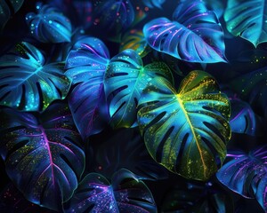 Obraz premium Exotic tropical leaves bathed in neon green and blue light, highlighting textures and shapes, against a dark, mysterious backdrop