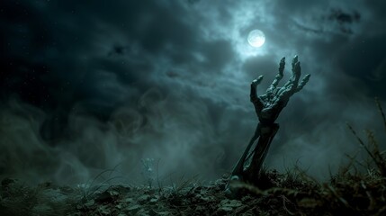 Fototapeta premium Spooky scene with a skeleton hand rising from a grave on a foggy night, reaching towards the full moon, creating a creepy atmosphere perfect for halloween