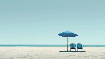Beach chairs under blue umbrella on sandy shore.