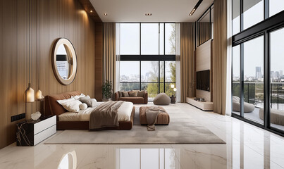 Modern penthouse bedroom with fireplace, large windows overlooking the sea and city center, TV on wall