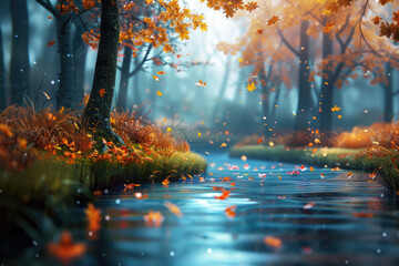 Vivid 3D autumn forest path with vibrant colors and high detail.