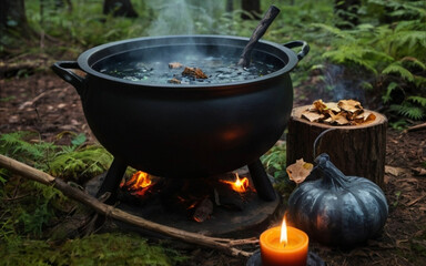 Halloween Witch's Brew in the Forest, spooky Halloween decorations, bubbling cauldron of witches brew