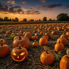 Halloween Pumpkins and jack-o-lanterns in a Field, thanksgiving tradition, pumpkin patch seasonal decorations